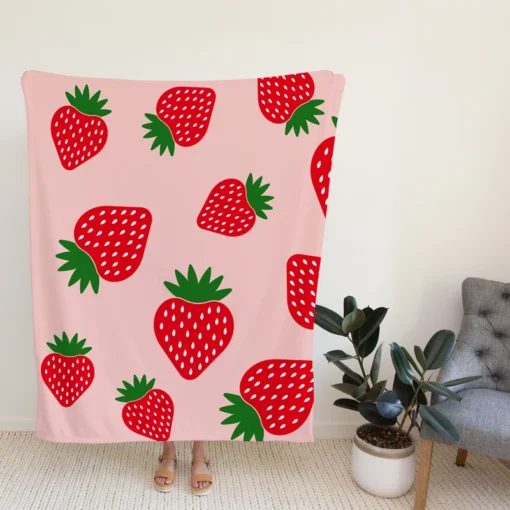 Strawberry Print In Pink Background Fleece Blanket