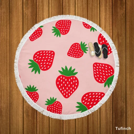 Strawberry Print In Pink Background Round Beach Towel