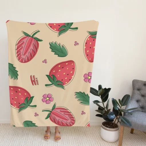 Strawberry With Flowers Fleece Blanket