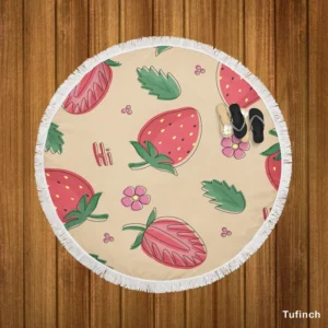 Strawberry With Flowers Round Beach Towel