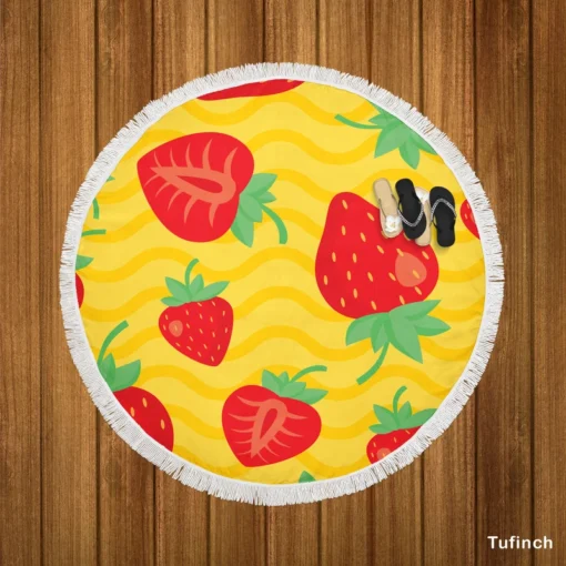 Strawberry Yellow Wave Background Round Beach Towel