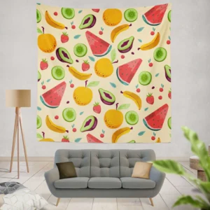 Summer Refresh Fruits on Sky Blue Wall Tapestry