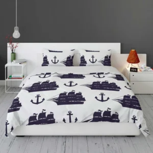 Tall Ship Silhouette Marine Anchor Bedding Set 1