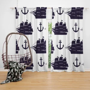 Tall Ship Silhouette Marine Anchor Curtain