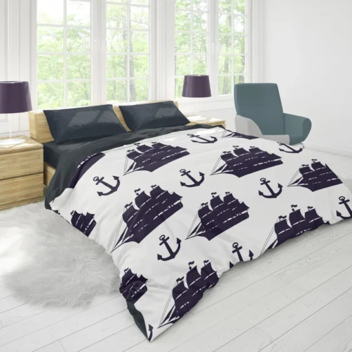 Tall Ship Silhouette Marine Anchor Duvet Cover 1