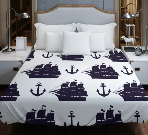 Tall Ship Silhouette Marine Anchor Duvet Cover