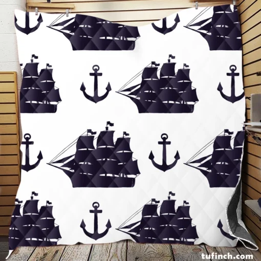 Tall Ship Silhouette Marine Anchor Quilt Blanket