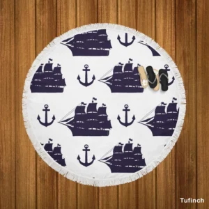 Tall Ship Silhouette Marine Anchor Round Beach Towel