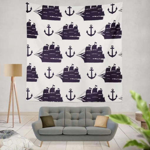 Tall Ship Silhouette Marine Anchor Wall Tapestry