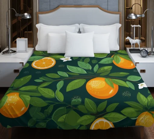 Tangerine Fruit Leaves Pattern Duvet Cover