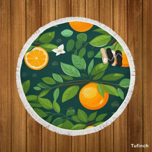 Tangerine Fruit Leaves Pattern Round Beach Towel