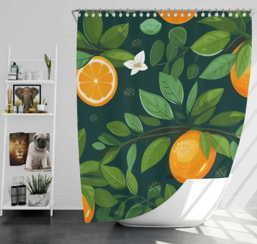 Tangerine Fruit Leaves Pattern Shower Curtain