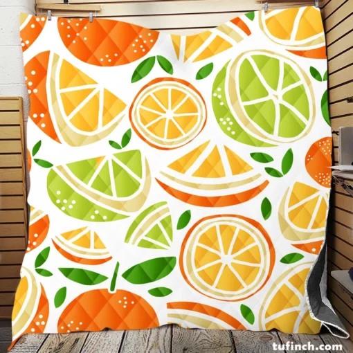 Tangerine Lemons Leave Pattern Quilt Blanket