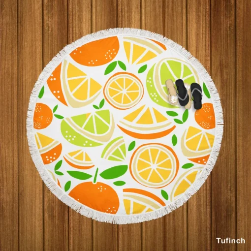 Tangerine Lemons Leave Pattern Round Beach Towel