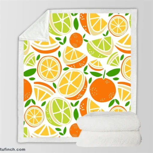 Tangerine Lemons Leave Pattern Sherpa Fleece Blanket