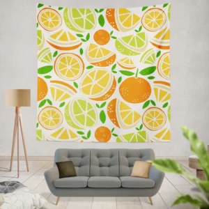 Tangerine Lemons Leave Pattern Wall Tapestry