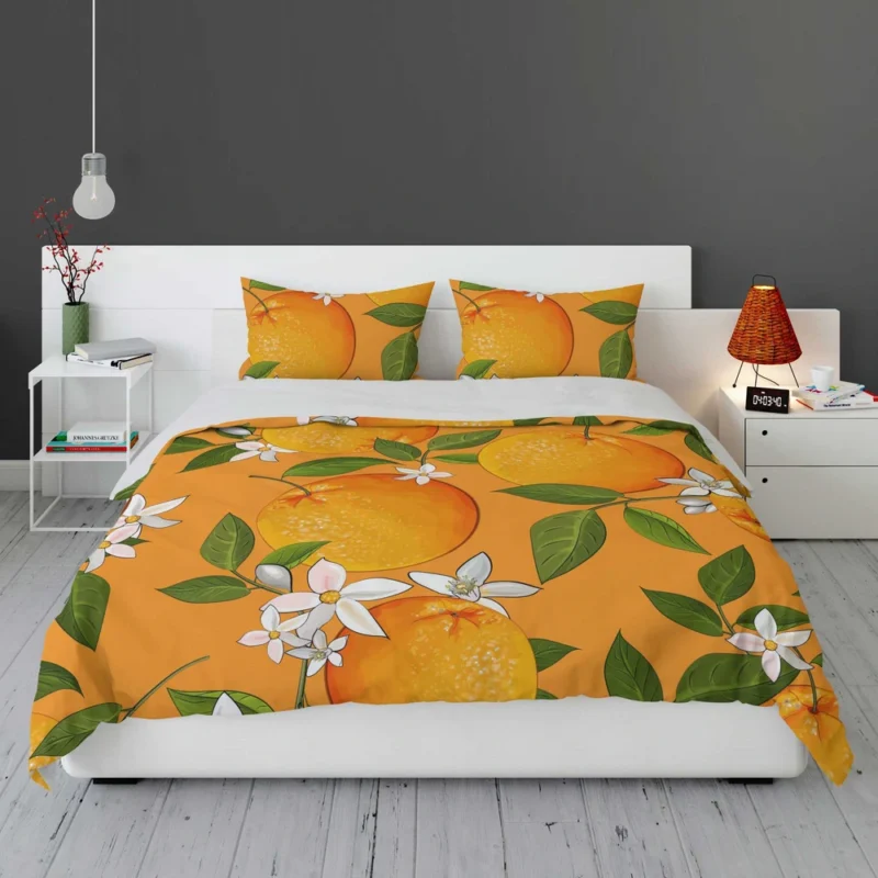 Tangerine With Flowers Leaves Bedding Set 1