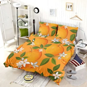 Tangerine With Flowers Leaves Bedding Set