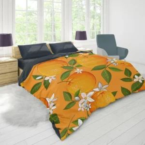 Tangerine With Flowers Leaves Duvet Cover 1