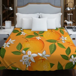 Tangerine With Flowers Leaves Duvet Cover