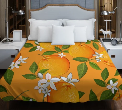 Tangerine With Flowers Leaves Duvet Cover