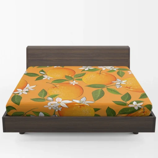 Tangerine With Flowers Leaves Fitted Sheet 1