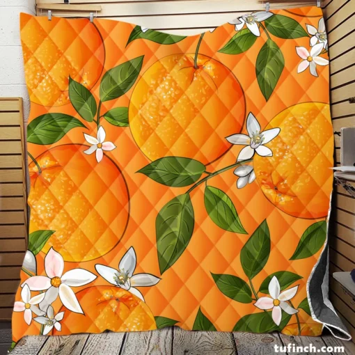 Tangerine With Flowers Leaves Quilt Blanket