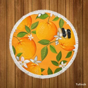 Tangerine With Flowers Leaves Round Beach Towel