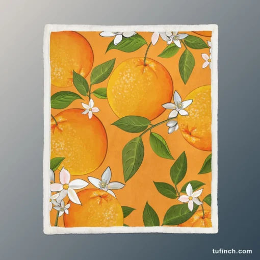 Tangerine With Flowers Leaves Sherpa Fleece Blanket 1