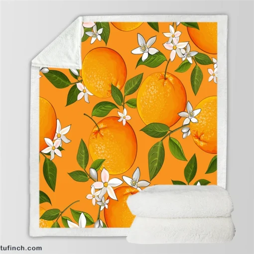 Tangerine With Flowers Leaves Sherpa Fleece Blanket