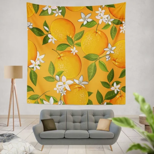 Tangerine With Flowers Leaves Wall Tapestry