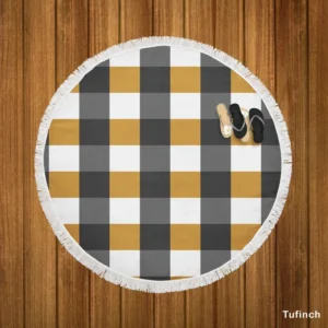 Tartan Plaid Black Brown Round Beach Towel