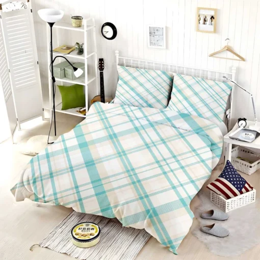 Tartan Scotland Light Blue White Plaid Design Bedding Set