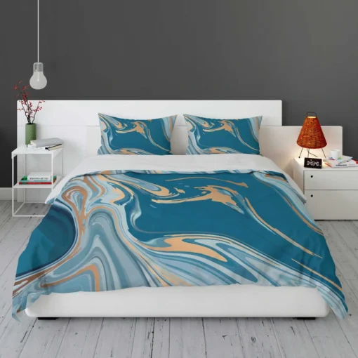 Teal Blue & Gold Liquid Marble Bedding Set 1