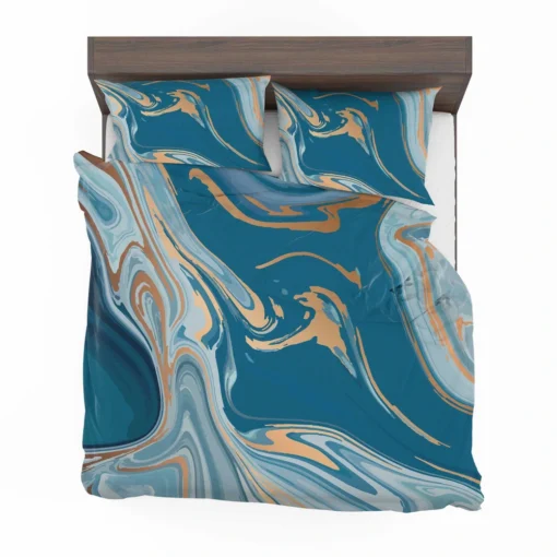 Teal Blue & Gold Liquid Marble Bedding Set 2