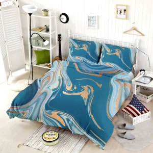 Teal Blue & Gold Liquid Marble Bedding Set