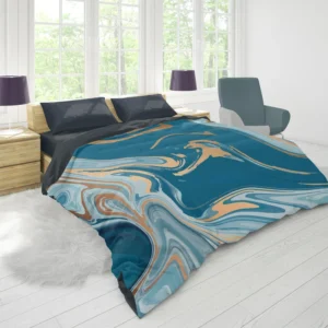 Teal Blue & Gold Liquid Marble Duvet Cover 1