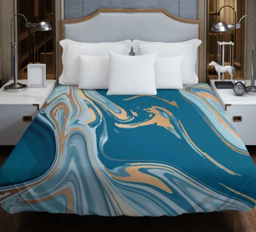 Teal Blue & Gold Liquid Marble Duvet Cover