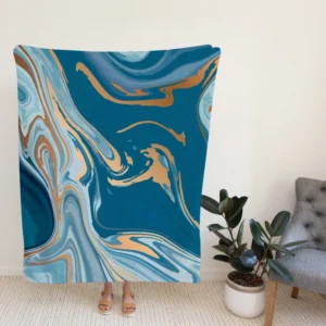 Teal Blue & Gold Liquid Marble Fleece Blanket