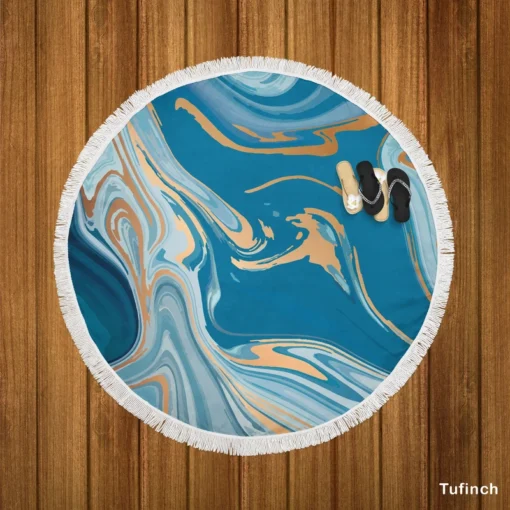 Teal Blue & Gold Liquid Marble Round Beach Towel