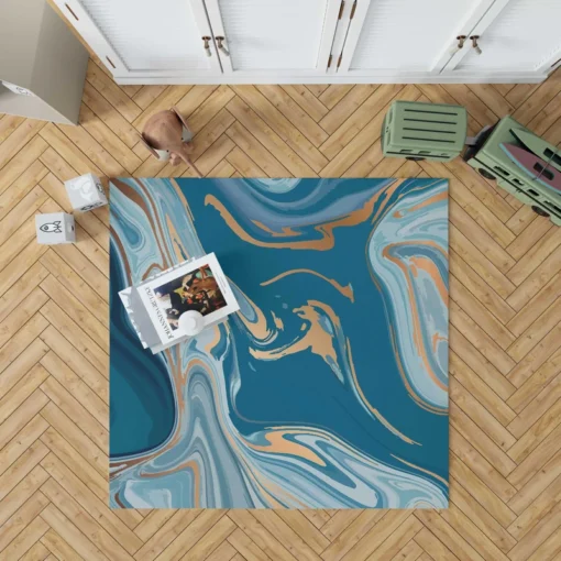 Teal Blue & Gold Liquid Marble Rug