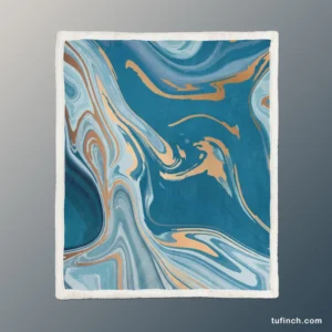 Teal Blue & Gold Liquid Marble Sherpa Fleece Blanket 1