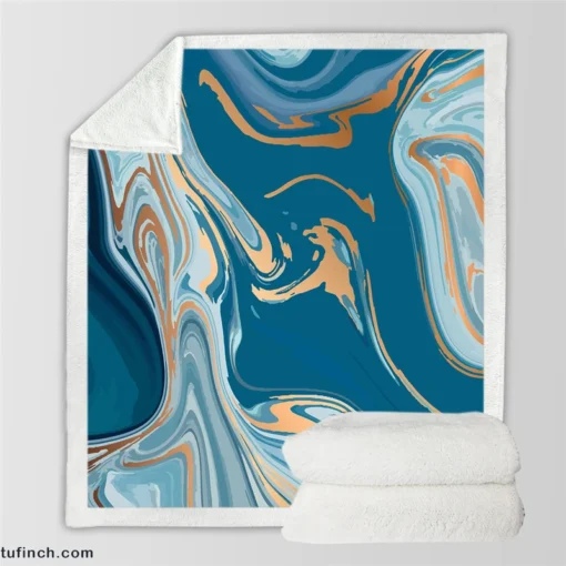 Teal Blue & Gold Liquid Marble Sherpa Fleece Blanket