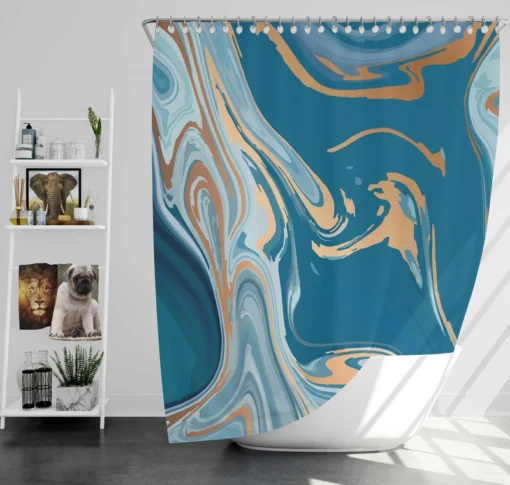 Teal Blue & Gold Liquid Marble Shower Curtain