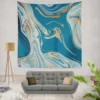 Teal Blue & Gold Liquid Marble Wall Tapestry