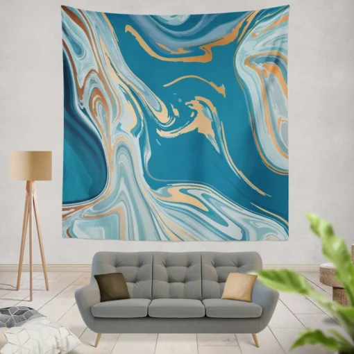 Teal Blue & Gold Liquid Marble Wall Tapestry