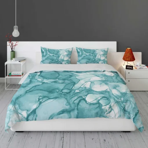 Teal Blue Watercolor Ink Texter Bedding Set 1