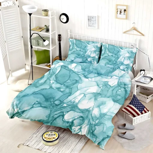 Teal Blue Watercolor Ink Texter Bedding Set