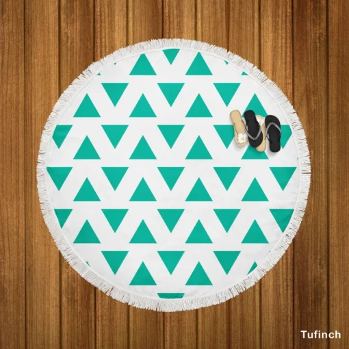 Teal Green Triangular Design Round Beach Towel