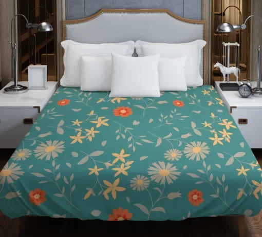 Tiny Cute Flowers Teal Green Pattern Duvet Cover